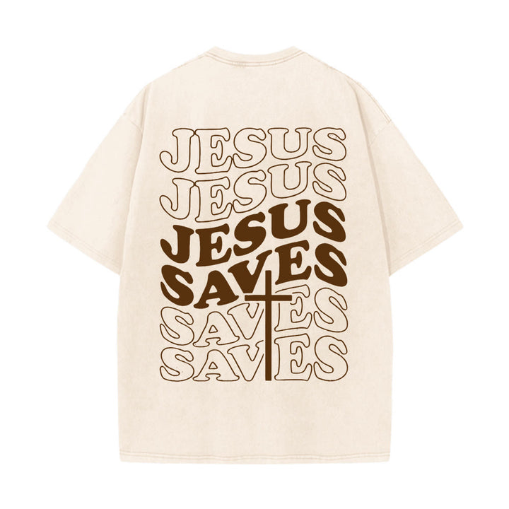 Christianartworkshop Jesus Saves Cross Graphic Unisex Washed T - Shirt - Apricot - 5XL - image 17
