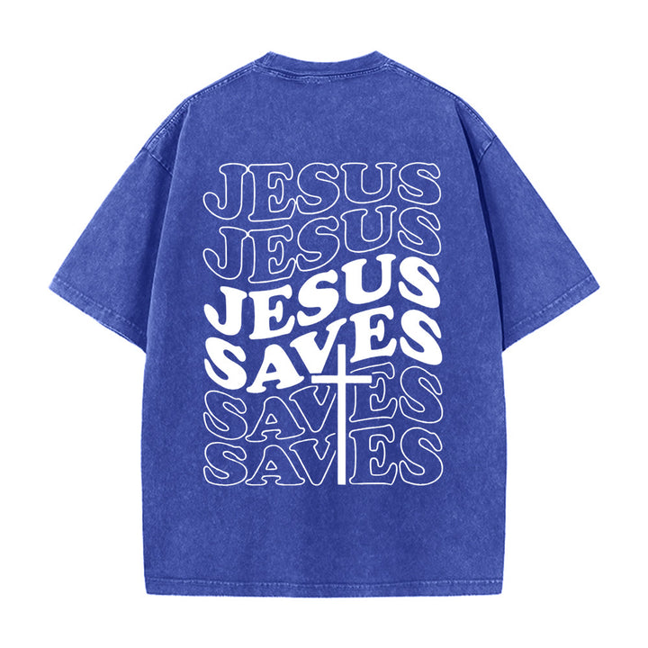 Christianartworkshop Jesus Saves Cross Graphic Unisex Washed T - Shirt - Blue - 5XL - image 9