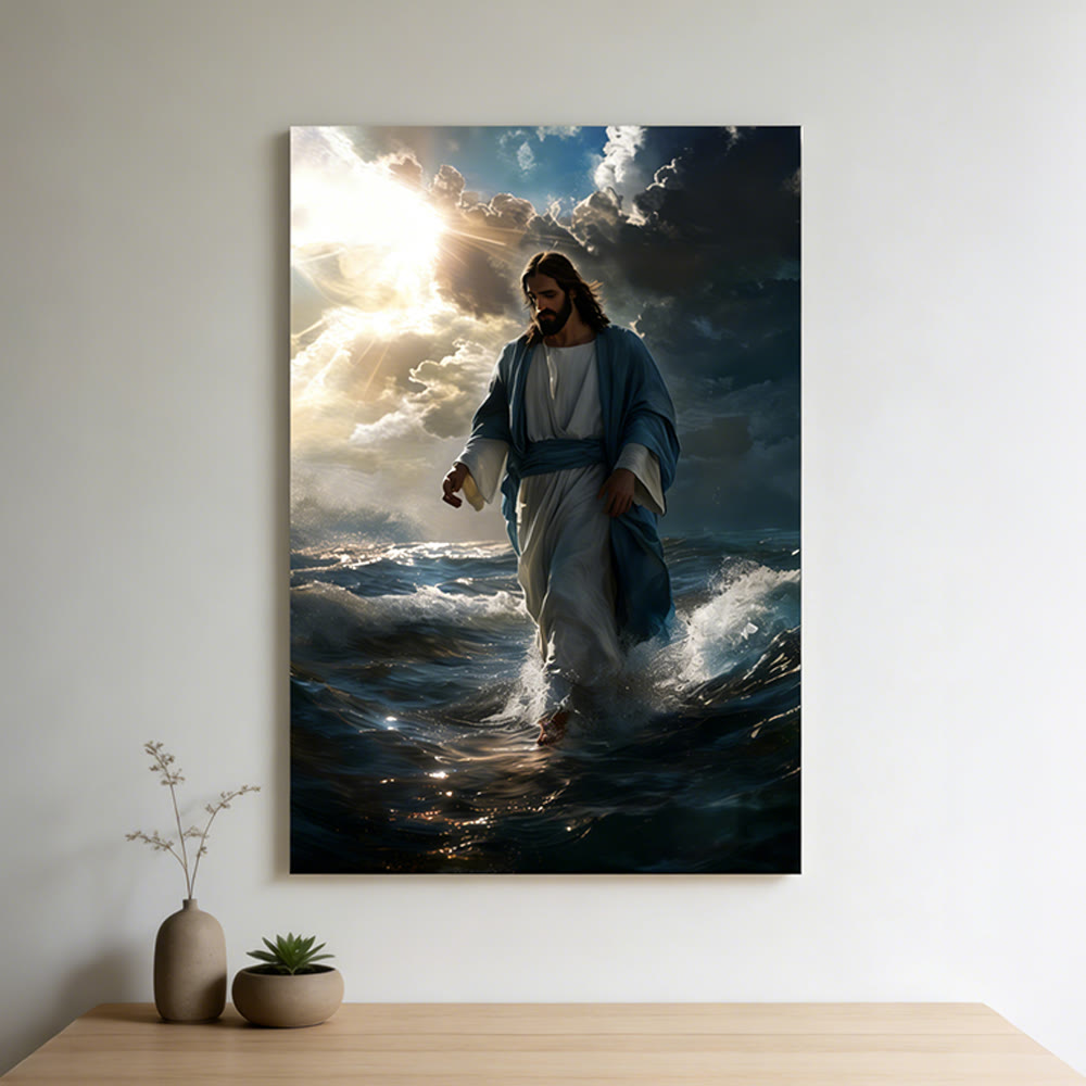 Christianartworkshop Jesus Walking on Water: Divine Calm & Sacred Assurance Wall Art Print - Framed Canvas Painting - 13.77"*19.58"*0.7"/35*50*1.8cm - image 0