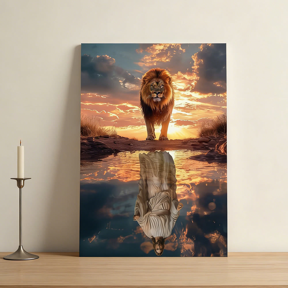 Christianartworkshop Lion & Jesus Reflection: Divine Majesty & Sacred Humility Wall Art Print - Framed Canvas Painting - 13.77"*19.58"*0.7"/35*50*1.8cm - image 0