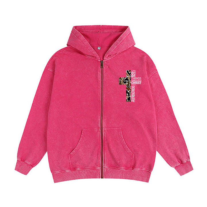 Christianartworkshop Cross Motif Hooded Jacket: All Things Through Christ for Church & Daily - Rose - 2XL - image 11