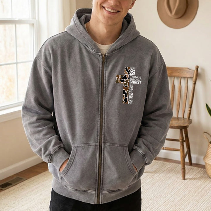Christianartworkshop Cross Motif Zip-Up Hooded Jacket: All Things Through Christ for Church & Daily - image 4