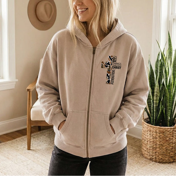 Christianartworkshop Cross Motif Zip-Up Hooded Jacket: All Things Through Christ for Church & Daily - image 9