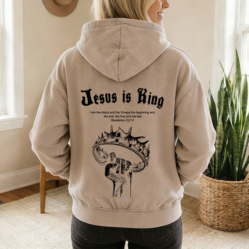 Christianartworkshop Jesus is King Hooded Jacket: Stylish Faith with Revelation 22:13 - image 3