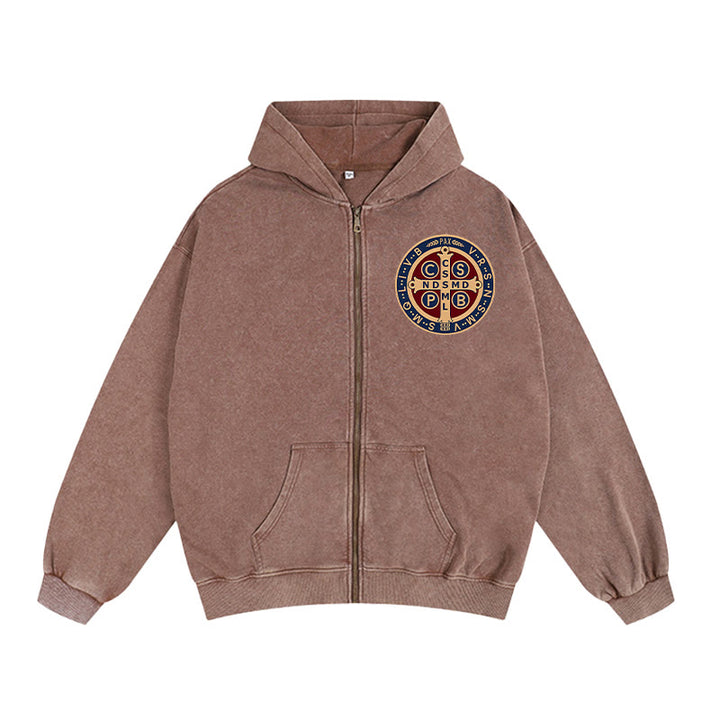 Christianartworkshop St. Benedict Cross Zip-Up Hooded Jacket: Faith Protection for Daily Wear - Coffee - 2XL - image 2
