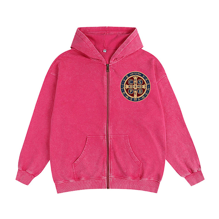 Christianartworkshop St. Benedict Cross Zip-Up Hooded Jacket: Faith Protection for Daily Wear - Rose - 2XL - image 10