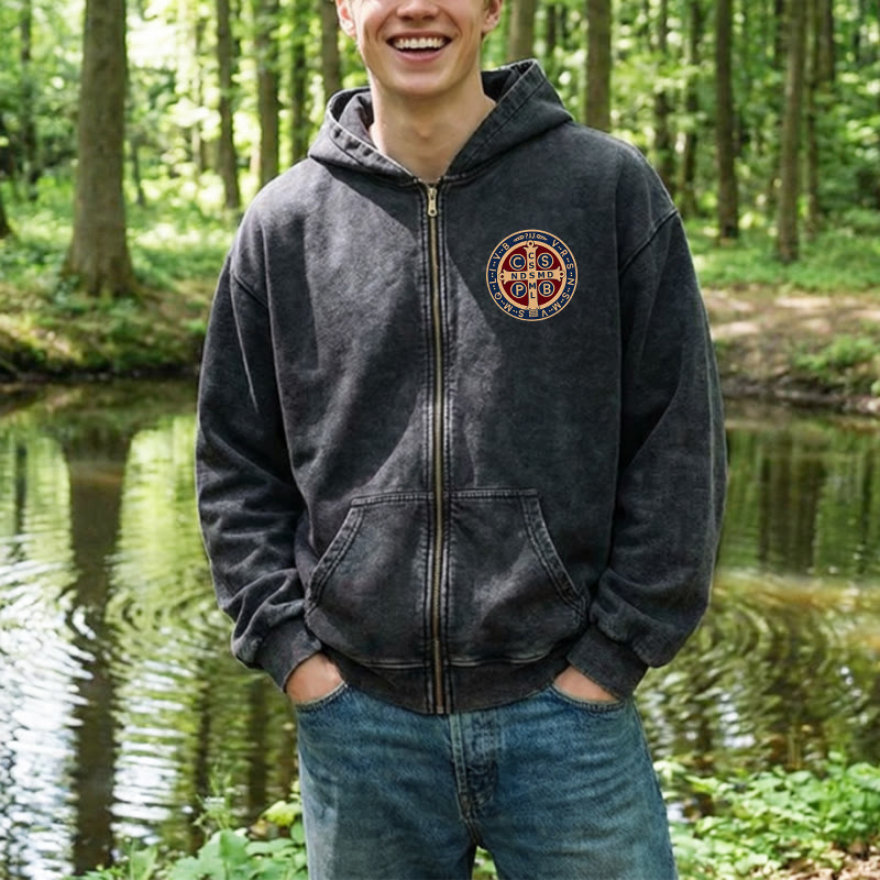 Christianartworkshop St. Benedict Cross Zip-Up Hooded Jacket: Faith Protection for Daily Wear - image 5