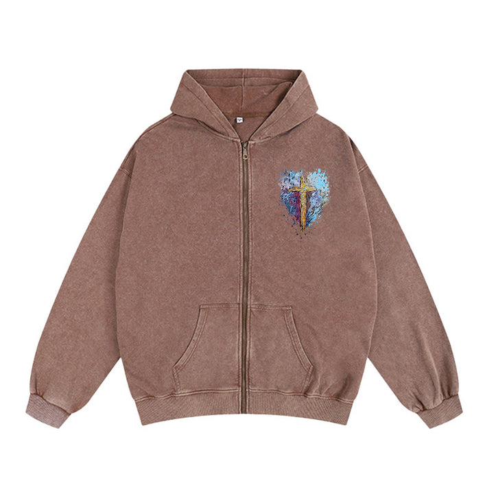 Christianartworkshop Art Cross Zip-Up Hooded Jacket: Daily Reminder of Faith & Beauty - Coffee - 2XL - image 7