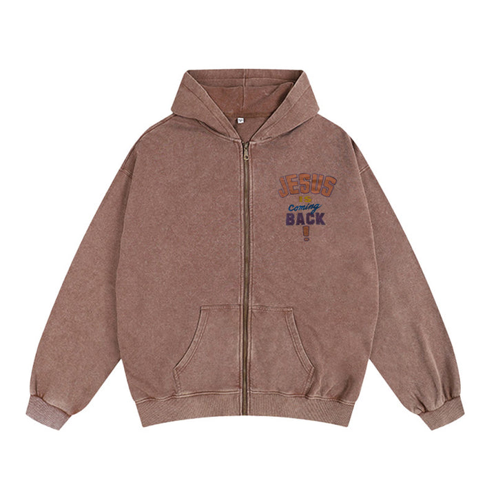 Christianartworkshop Jesus Is Coming Back Zip-Up Hooded Jacket: Faithful Hope for Daily Wear - Coffee - 2XL - image 3