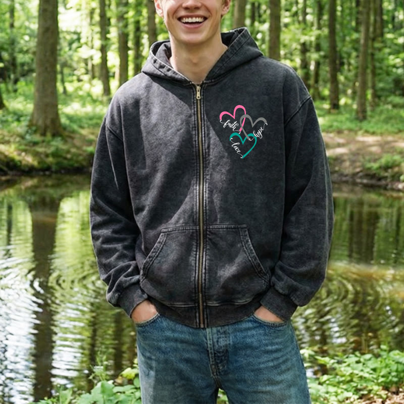 Christianartworkshop Triple Heart Faith-Inspired Zip-Up Hooded Jacket: Daily Wear for Devotion - image 1