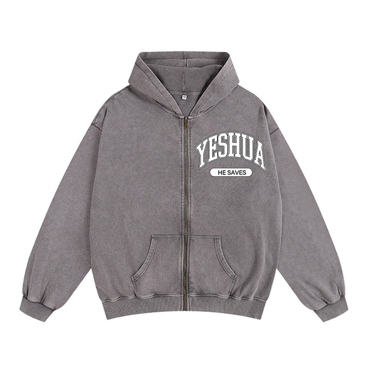 Christianartworkshop YESHUA He Saves Graphic Zip-Up Hooded Jacket: Blend of Faith & Casual Fashion - Grey - 2XL - image 8