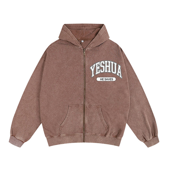 Christianartworkshop YESHUA He Saves Graphic Hooded Jacket: Blend of Faith & Casual Fashion - Coffee - 2XL - image 0