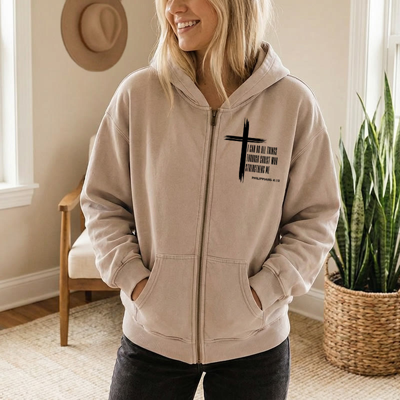 Christianartworkshop Philippians 4:13 Cross Zip-Up Hooded Jacket: Biblical Inspiration in Casual Wear - image 5