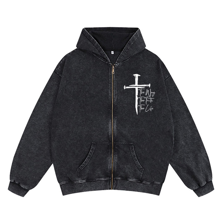 Christianartworkshop Faith Path Cross Hooded Jacket: The Way The Truth The Life in Casual Wear - Black - 2XL - image 4