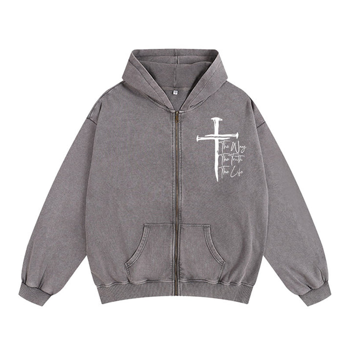 Christianartworkshop Faith Path Cross Hooded Jacket: The Way The Truth The Life in Casual Wear - Grey - 2XL - image 11
