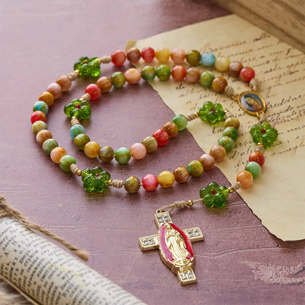 Christianartworkshop Green Flower Glass & Pastel Cat Eye Rosary with Our Lady Faith Cross - image 4