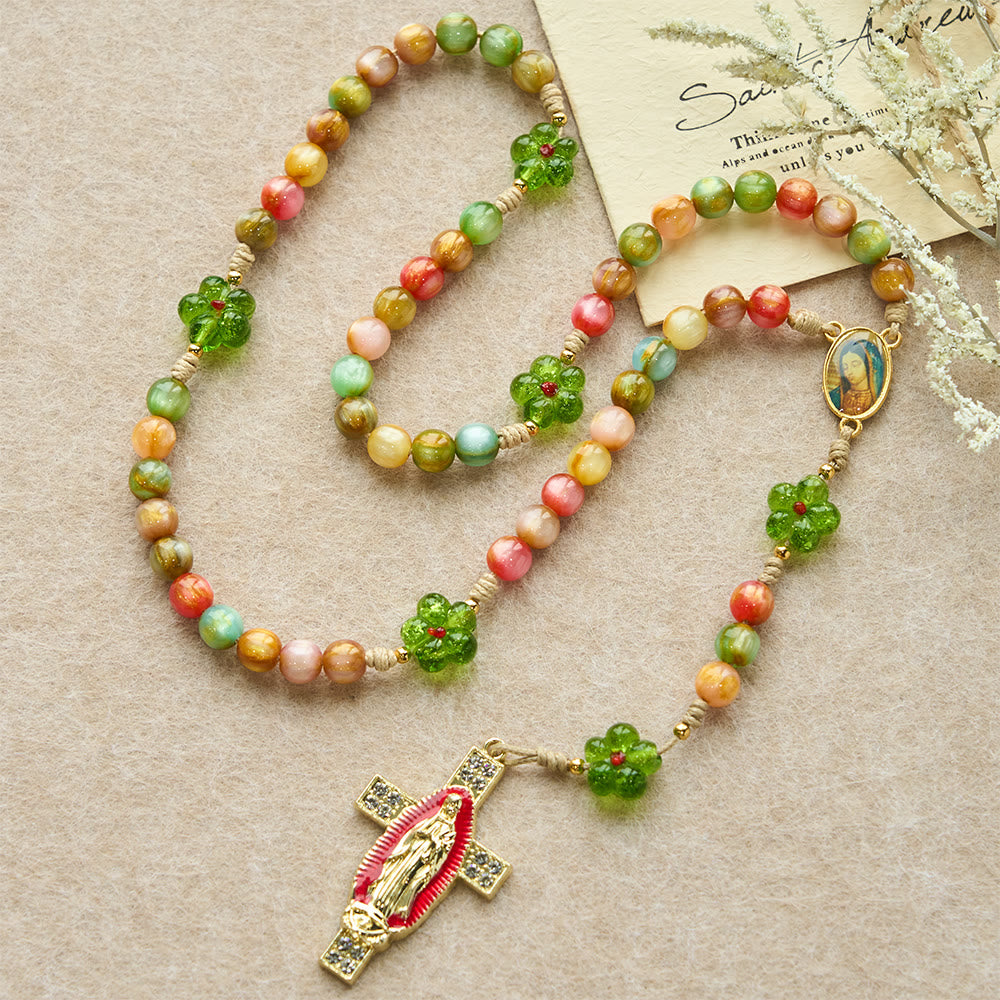 Christianartworkshop Green Flower Glass & Pastel Cat Eye Rosary with Our Lady Faith Cross - image 1