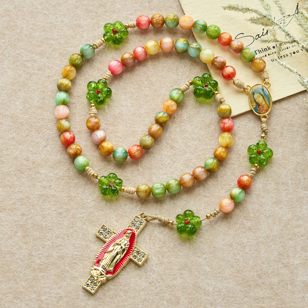 Christianartworkshop Green Flower Glass & Pastel Cat Eye Rosary with Our Lady Faith Cross - image 2