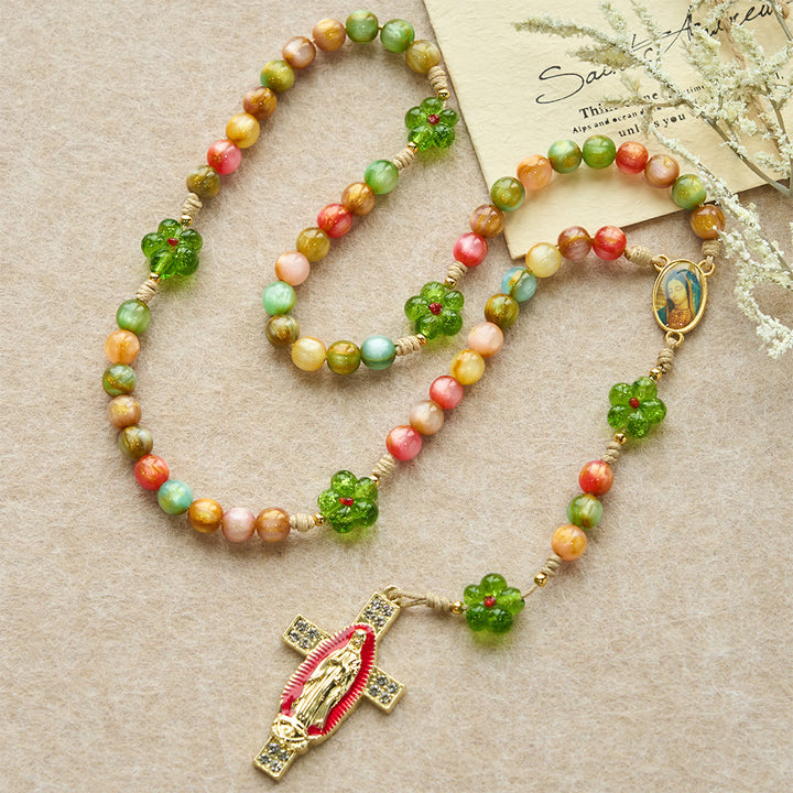 Christianartworkshop Green Flower Glass & Pastel Cat Eye Rosary with Our Lady Faith Cross - image 1