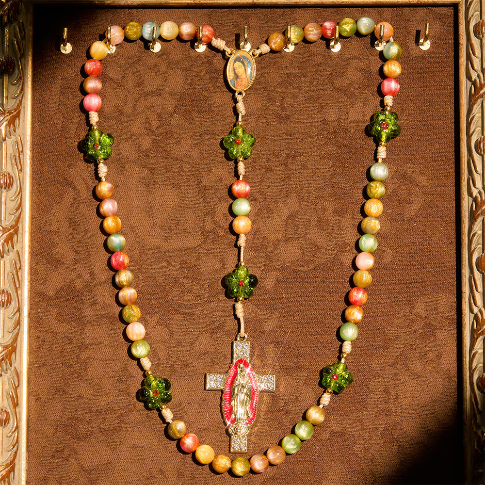 Christianartworkshop Green Flower Glass & Pastel Cat Eye Rosary with Our Lady Faith Cross - image 7