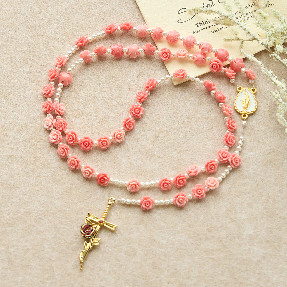 Christianartworkshop Soft Pink Camellia Rosary with Our Lady: Gentle Faith Accessory - Our Lady & Cross - image 0