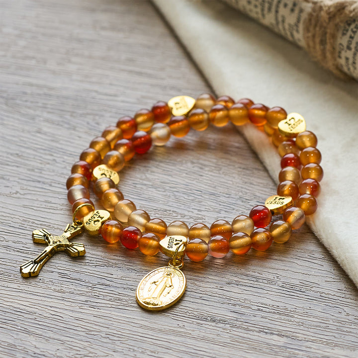 Christianartworkshop Warm Caramel Rosary Bracelet with JESUS Accent & Our Lady Faith Companion - Bracelet Band Length: 13.78''/35cm - image 0