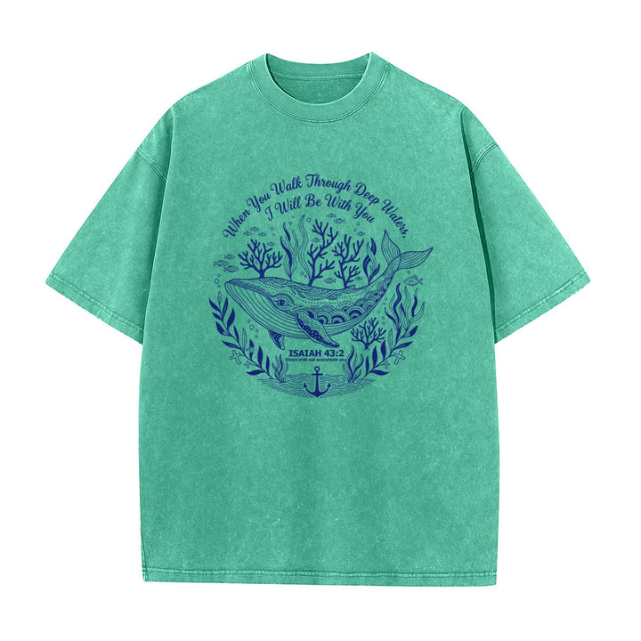 Christianartworkshop Isaiah 43:2 Whale Ocean Graphic Unisex Washed T-Shirt - Green - 5XL - image 1