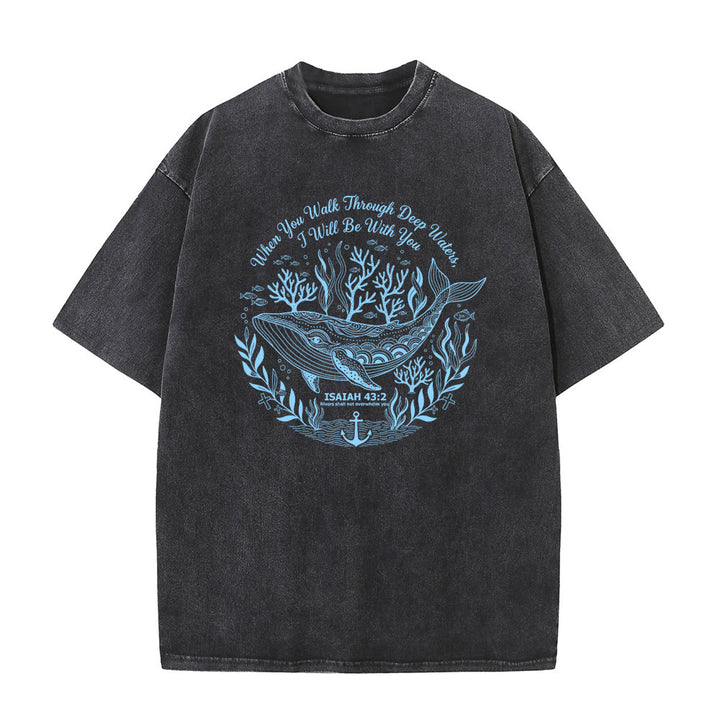 Christianartworkshop Isaiah 43:2 Whale Ocean Graphic Unisex Washed T-Shirt - Black - 5XL - image 4