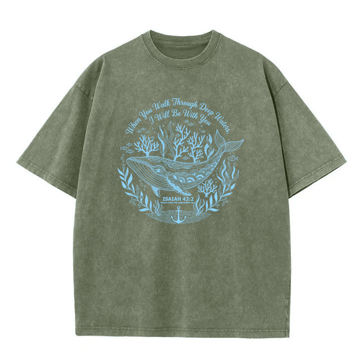 Christianartworkshop Isaiah 43:2 Whale Ocean Graphic Unisex Washed T-Shirt - Army Green - 5XL - image 2