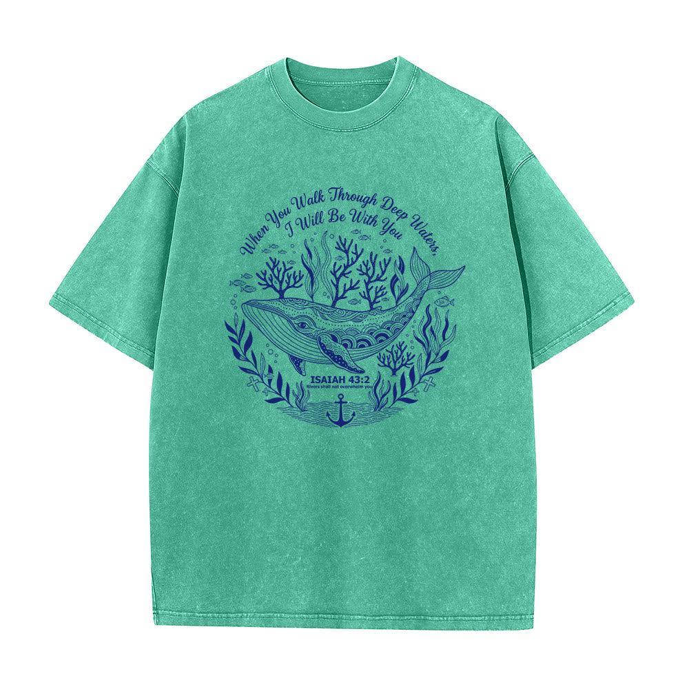 Christianartworkshop Isaiah 43:2 Whale Ocean Graphic Unisex Washed T-Shirt - Green - 5XL - image 2