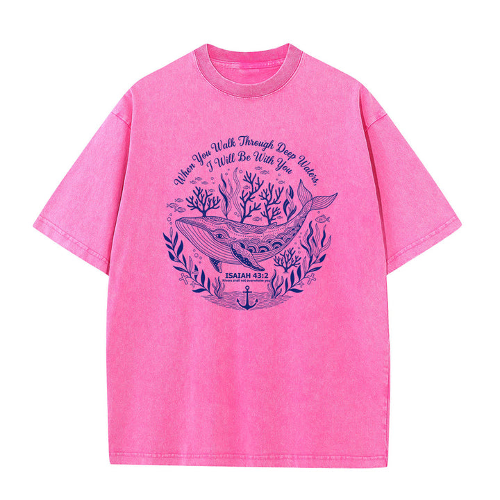 Christianartworkshop Isaiah 43:2 Whale Ocean Graphic Unisex Washed T-Shirt - Pink - 5XL - image 0
