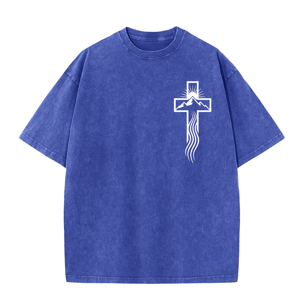 Christianartworkshop Cross & Nature Symbol Graphic Unisex Washed T-Shirt - Blue - 5XL - image 3