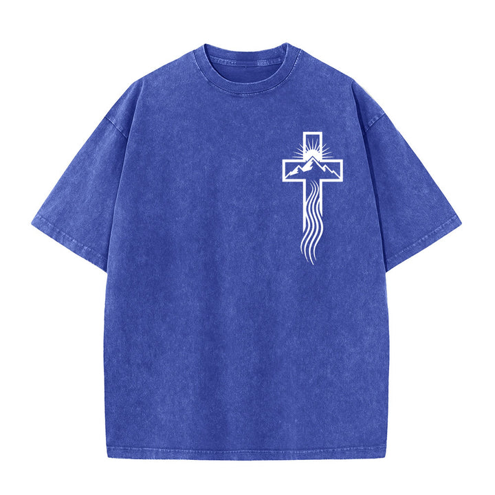 Christianartworkshop Cross & Nature Symbol Graphic Unisex Washed T-Shirt - Blue - 5XL - image 3