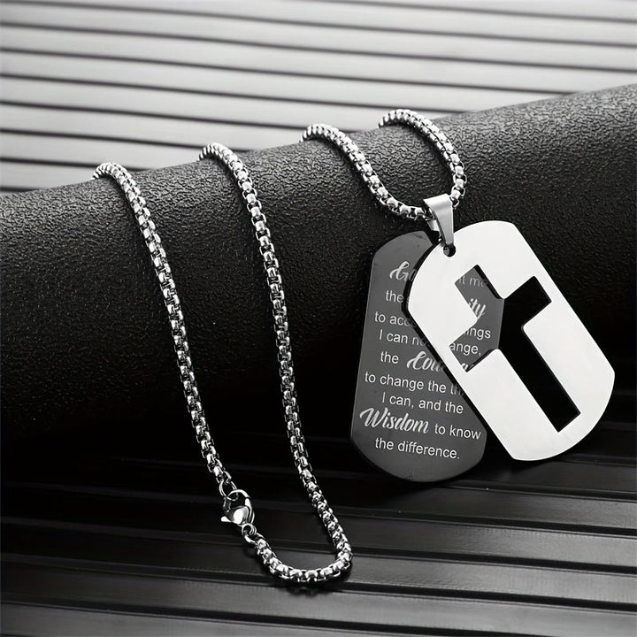 Christianartworkshop Polished Metal Cross Cutout & Engraved Verse Necklace: Carry His Promise Close Daily - Serenity Prayer - image 0