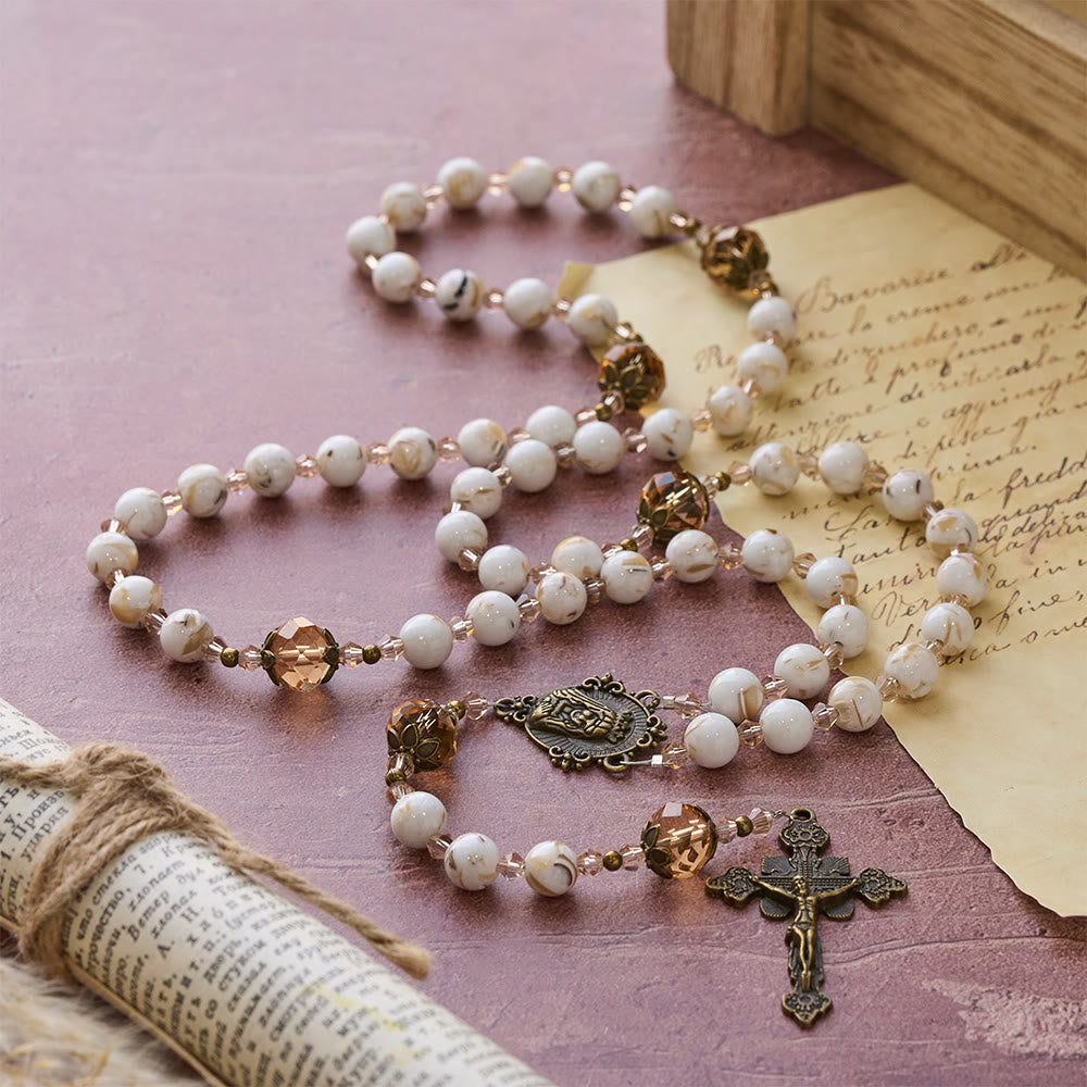 Christianartworkshop Calm White Shell Turquoise & Champagne Accents Detailed Rosary: Hold His Peace Close - Our Lady & Crucifix - image 0
