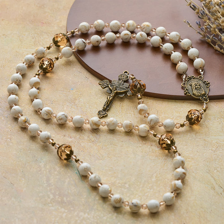 Christianartworkshop Calm White Shell Turquoise & Champagne Accents Detailed Rosary: Hold His Peace Close - image 5
