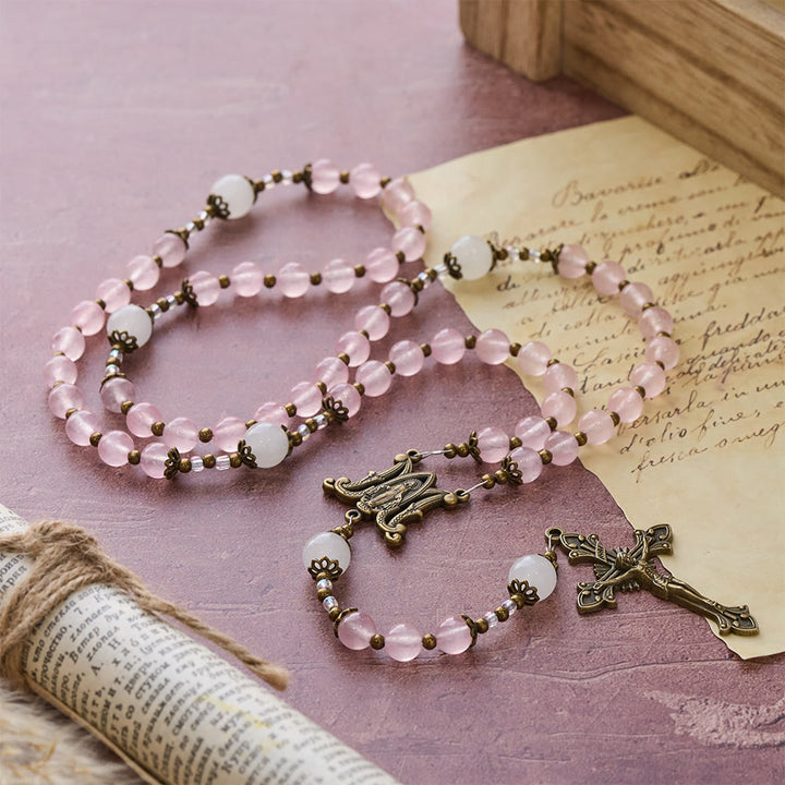 Christianartworkshop Pink Glass & White Glass Beads Ornate Crucifix Rosary: Embody His Gentle Grace - Our Lady & Crucifix - image 0