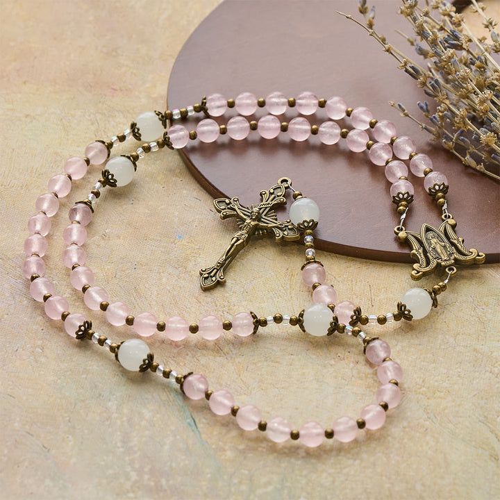 Christianartworkshop Pink Glass & White Glass Beads Ornate Crucifix Rosary: Embody His Gentle Grace - image 5