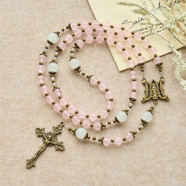 Christianartworkshop Pink Glass & White Glass Beads Ornate Crucifix Rosary: Embody His Gentle Grace - image 4