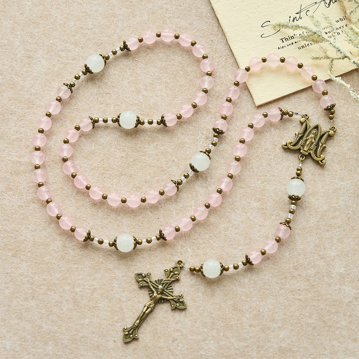Christianartworkshop Pink Glass & White Glass Beads Ornate Crucifix Rosary: Embody His Gentle Grace - image 3