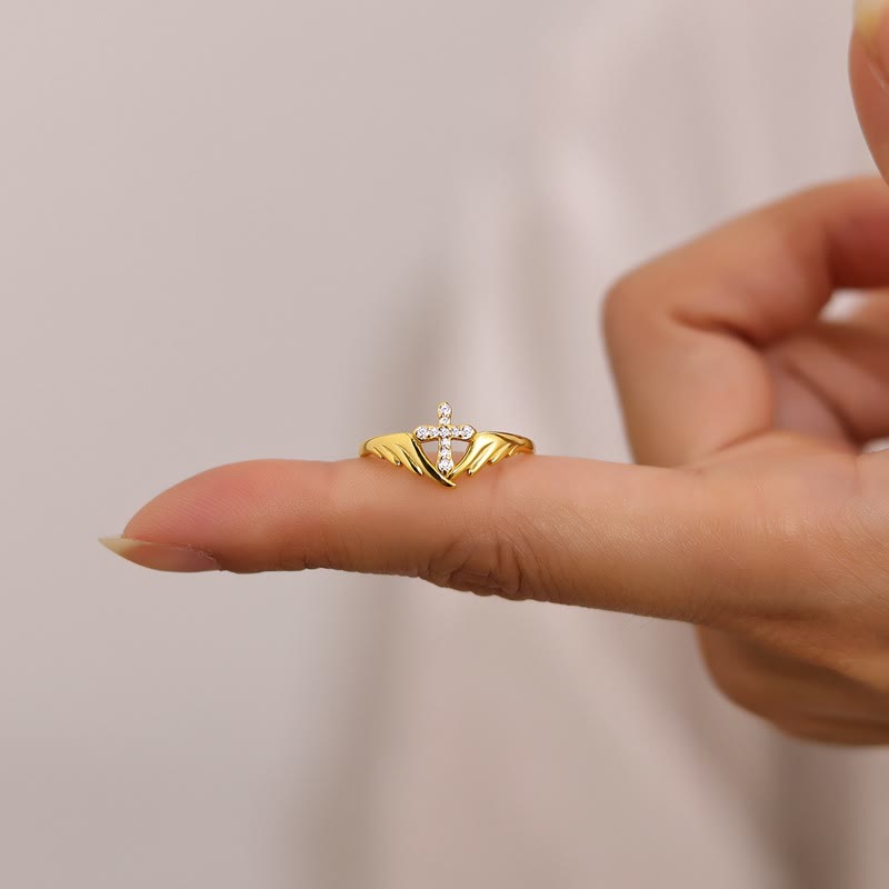 Christianartworkshop Silver Cross Wing Ring with Cubic Zirconia Accents: Embody His Angelic Protection - Golden - image 1