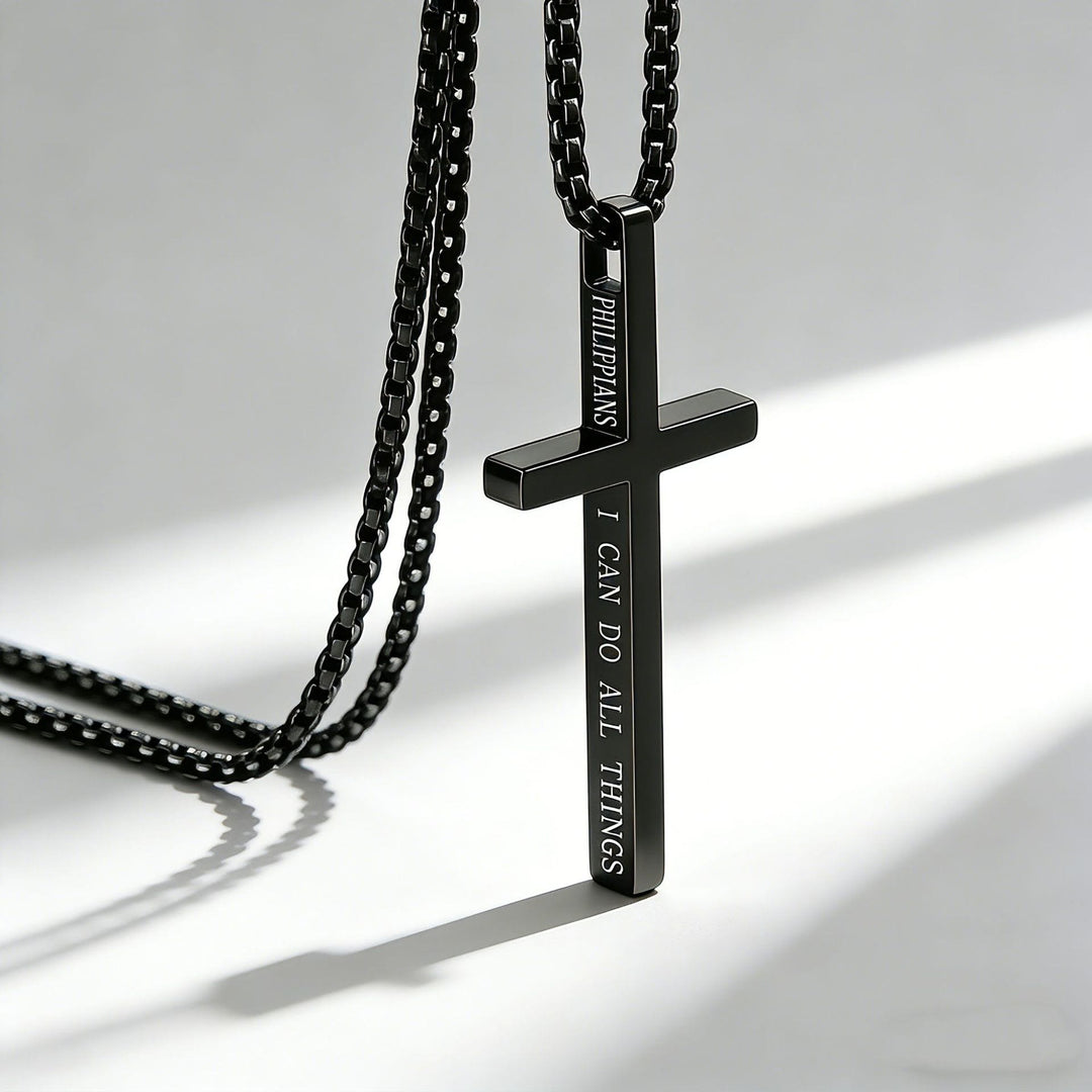 Christianartworkshop Cross Necklace with I Can Do All Things Inscription: Stylish Reminder of His Tender Strength - Black - image 0