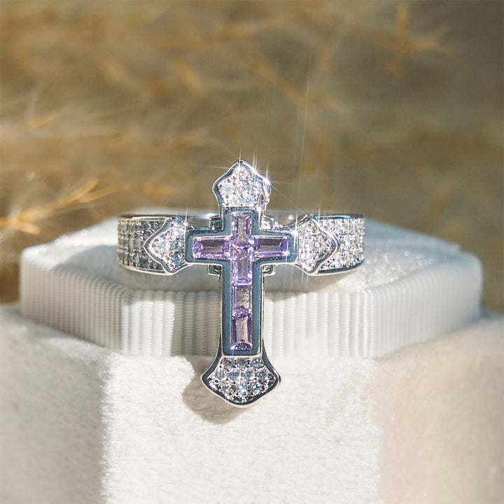 Christianartworkshop Central Cross Motif Ring with Cubic Zirconia Accents: Carry His Care in Daily Wear - Silver & Purple Zircon - US 12 - image 6