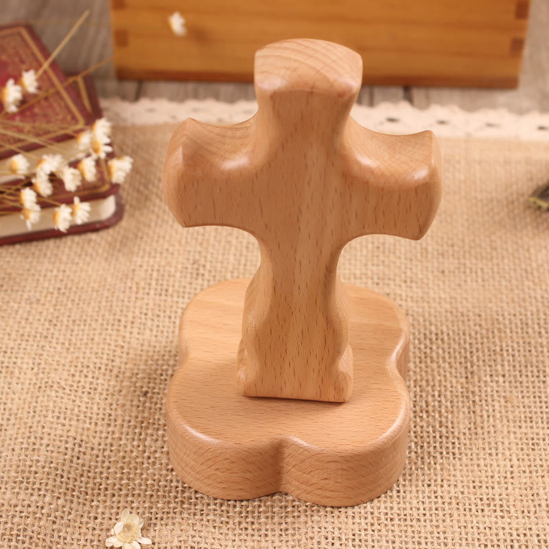 Christianartworkshop Wood Desktop Cross Ornament with Round/Floral Base: Embody His Quiet Peace at Work - Cross B & Floral Base - Light - image 4