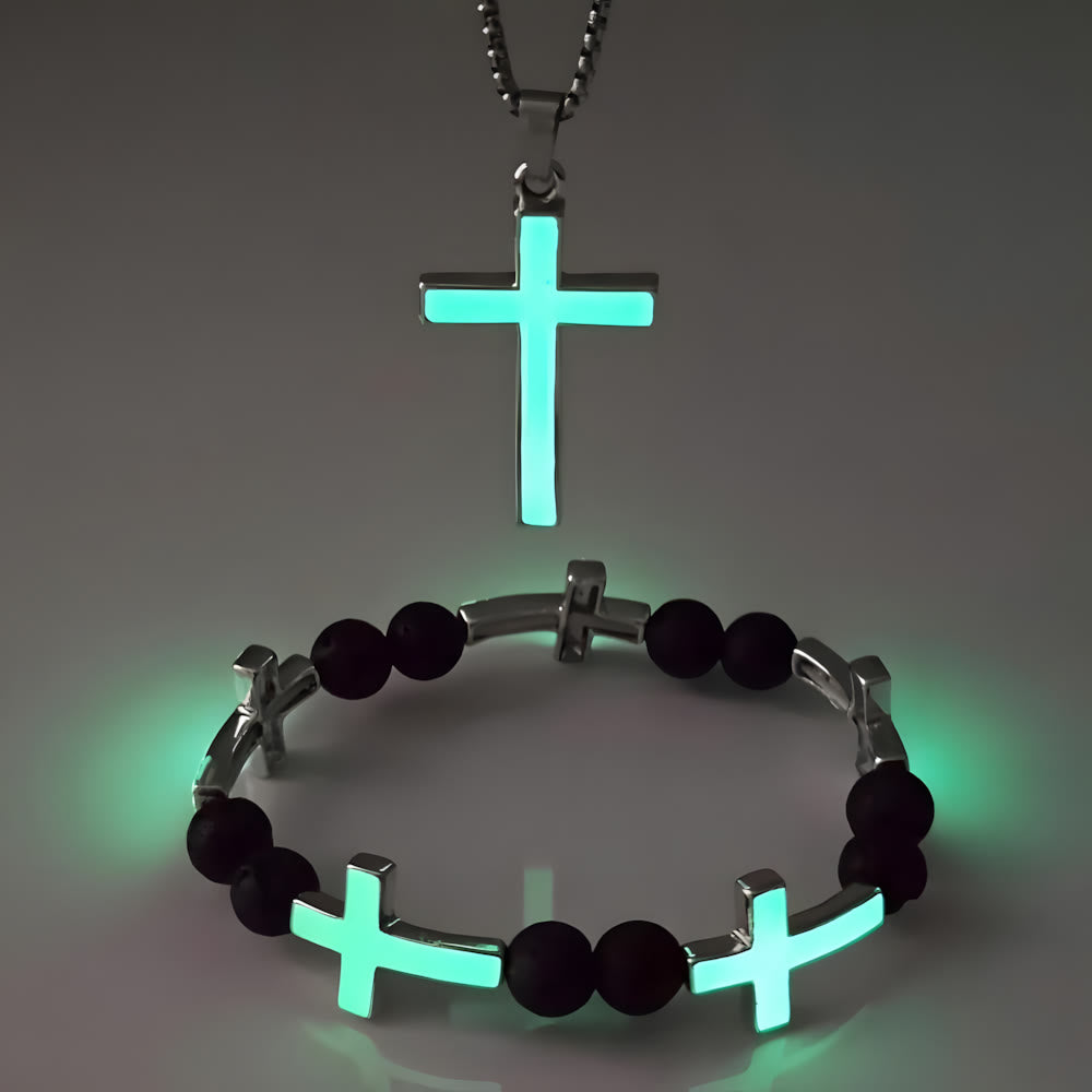 FREE Today: Luminous Cross Necklace & Beaded Bracelet Set: Remind of His Quiet Light - Green Set of 2 - image 0