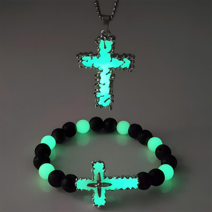 Christianartworkshop 3-Color Luminous Cross Necklace & Beaded Bracelet Set: Remind of His Quiet Light - Blue Set of 2 - image 7
