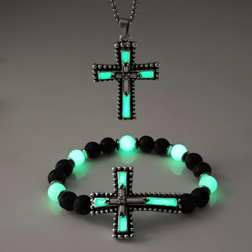 Christianartworkshop Glow-in-the-Dark Cross Jewelry Set with Volcanic Stone: Hold His Grace Close After Dark - Green Set of 2 - image 3