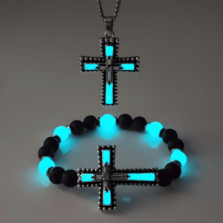 Christianartworkshop Glow-in-the-Dark Cross Jewelry Set with Volcanic Stone: Hold His Grace Close After Dark - Light Blue Set of 2 - image 7