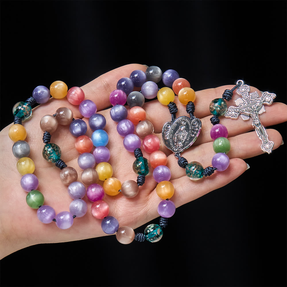 Christianartworkshop Color-Shifting Cat's Eye Rosary with Our Lady Guardian: Iridescent Faith Design - image 1