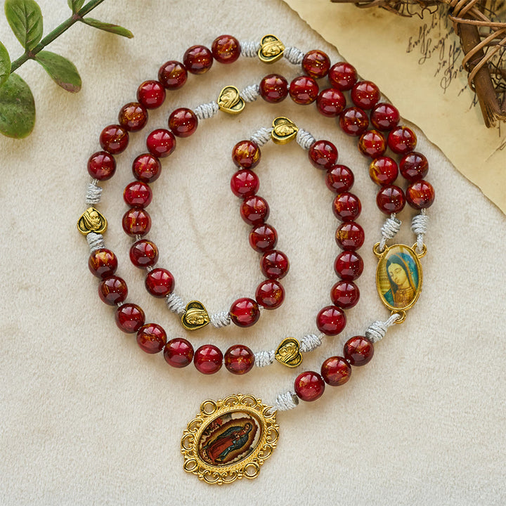 FREE Today: Sparkle Wine Red Seven Sorrows Faith Rosary with Vintage Golden Our Lady Medal - Seven Sorrows Rosary - image 0